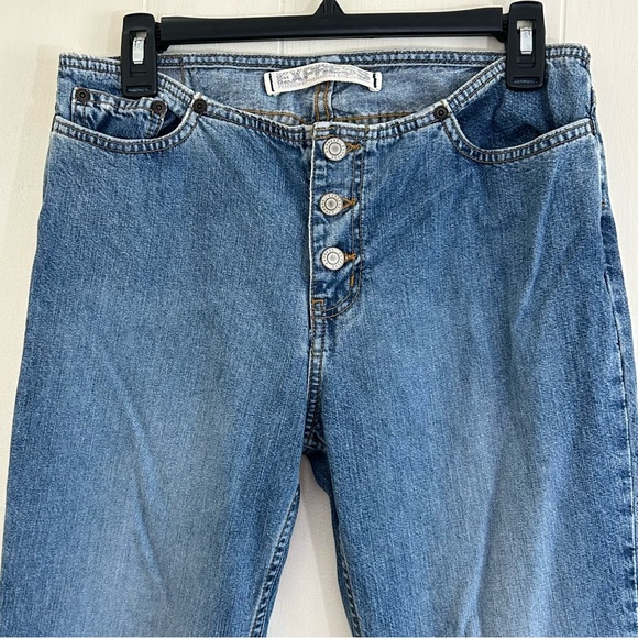 Express Y2K 90s Denim Blue Low Rise Button Fly Hipster Flare Jeans Size 7/8. - Picture 3 of 10